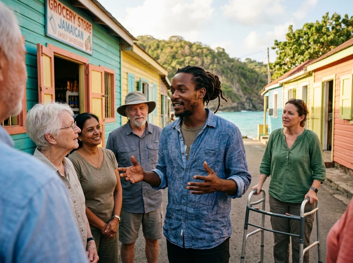 A Jamaican cultural host warmly welcoming a diverse group of adult visitors in a colourful coastal-town street, with the ocean visible in the background